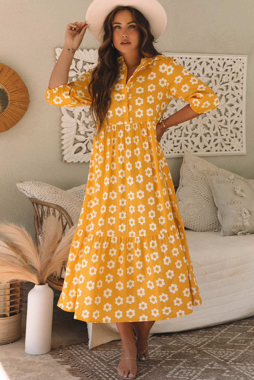 Yellow Flower Print Maxi Dress. GCollection