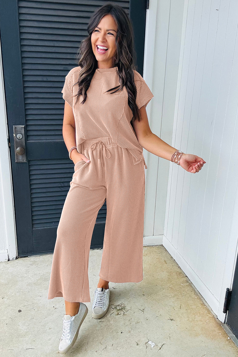 Smoke Gray Solid Corded Knit Short Sleeve T Shirt and Wide Leg Pants Set. GCollection