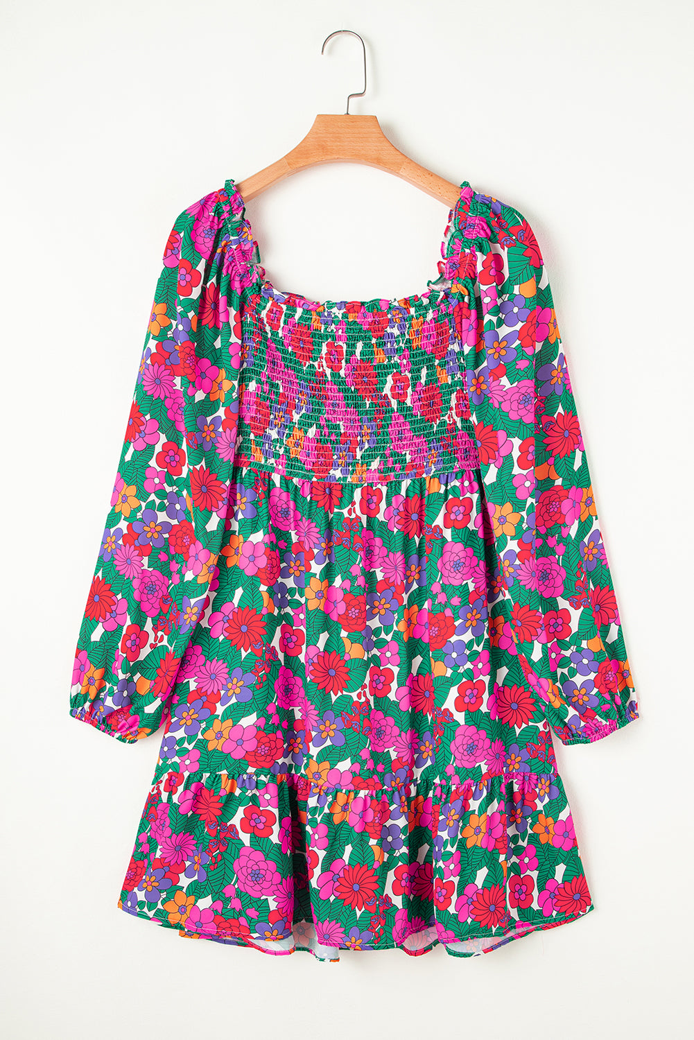 Floral Frilled Square Neck Shirred Long Sleeve Dress. PSCollection