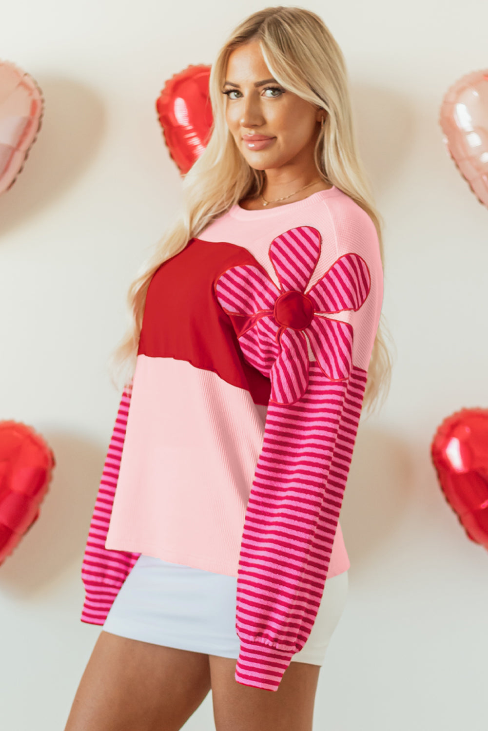 Pink Floral Patch Color Block Striped Sleeve Textured Top. GCollection