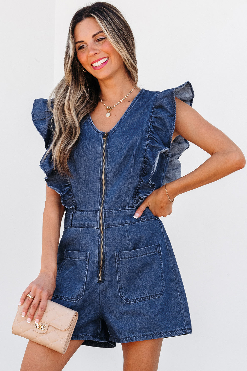 Sail Blue Denim Ruffled Zipped Front Belted Romper. GCollection