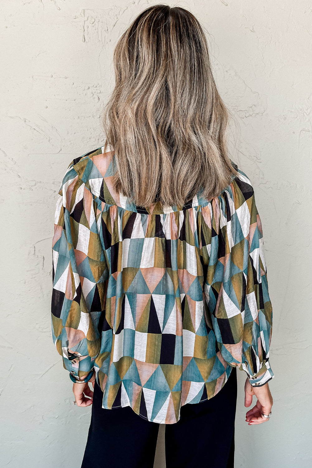 Green Geometric Balloon Sleeve Loose Fit Shirt. GCollection