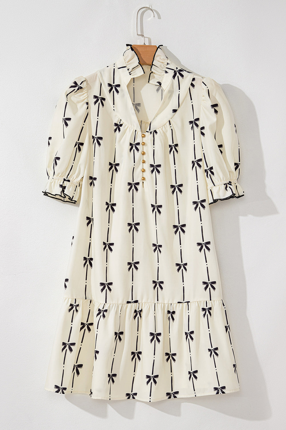 Beige Cute Bowknot Printed Bubble Sleeve V Neck Mini Dress. GCollection