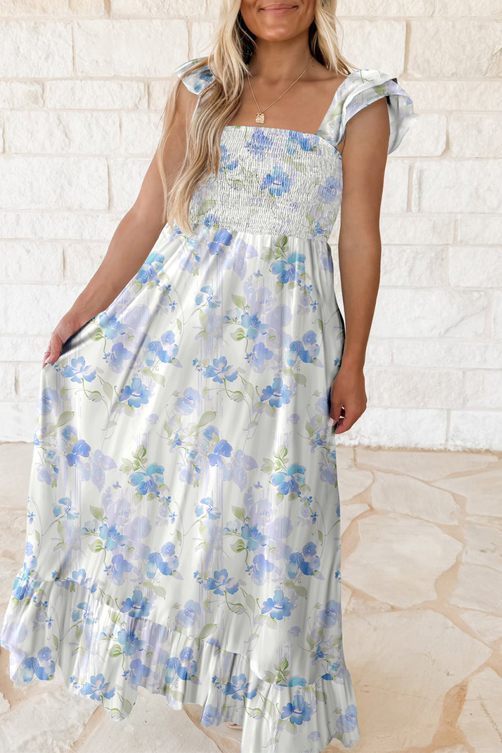 Sky Blue Floral Smocked High Waist Long Dress. GCollection