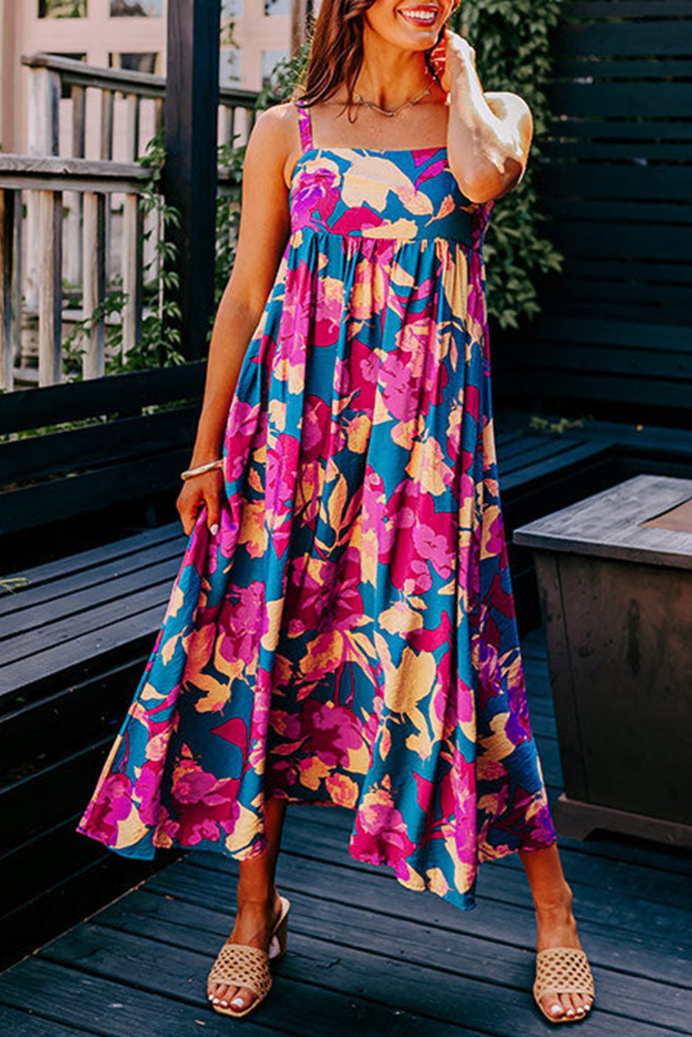 Dark Blue Floral High Waist Long Dress. GCollection