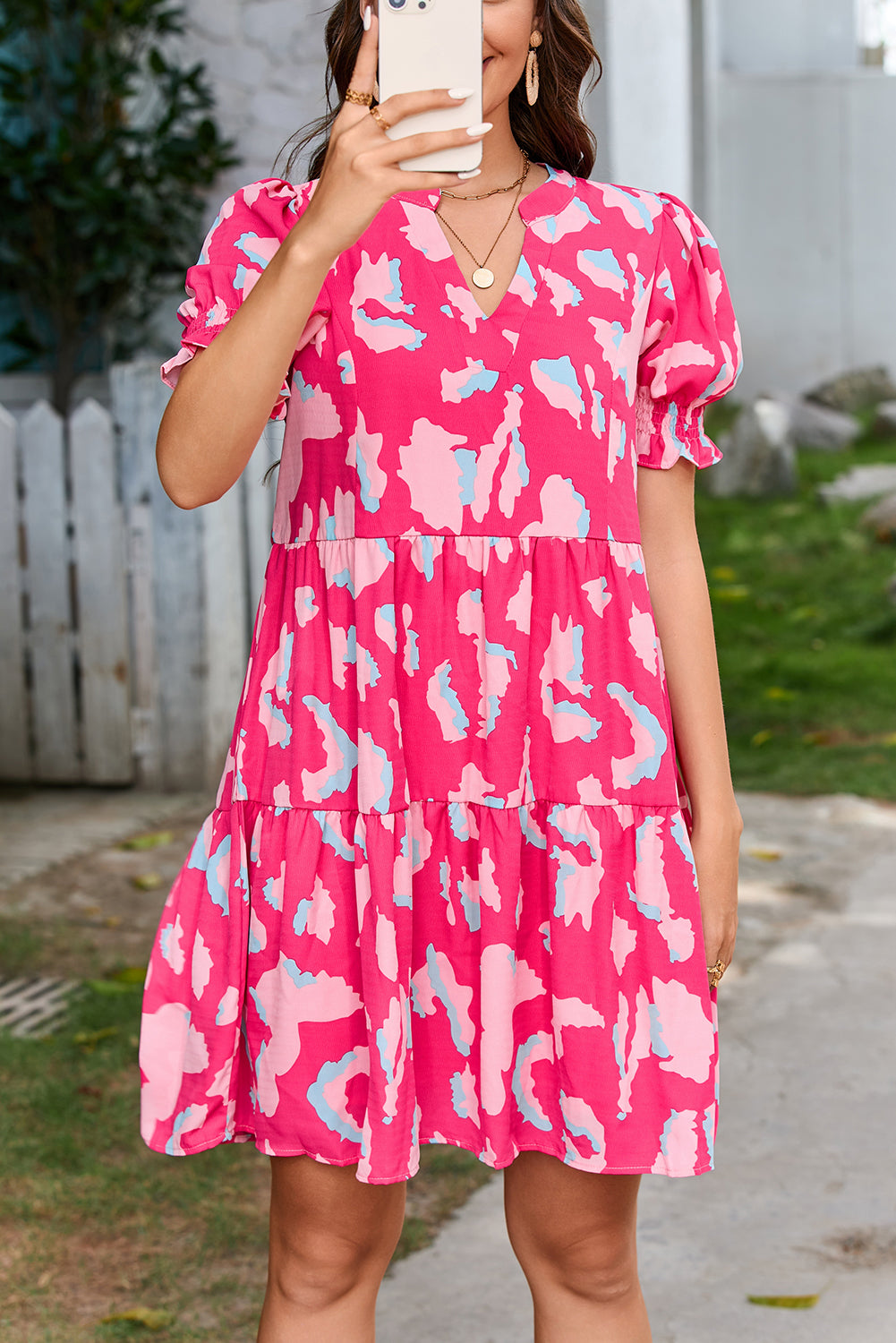 Pink Abstract Printed Puff Short Sleeve Tiered Loose Dress. GCollection