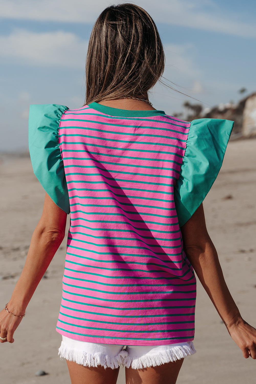 Pink Stripe Colorblock Ruffled Sleeve Crew Neck Blouse. GCollection