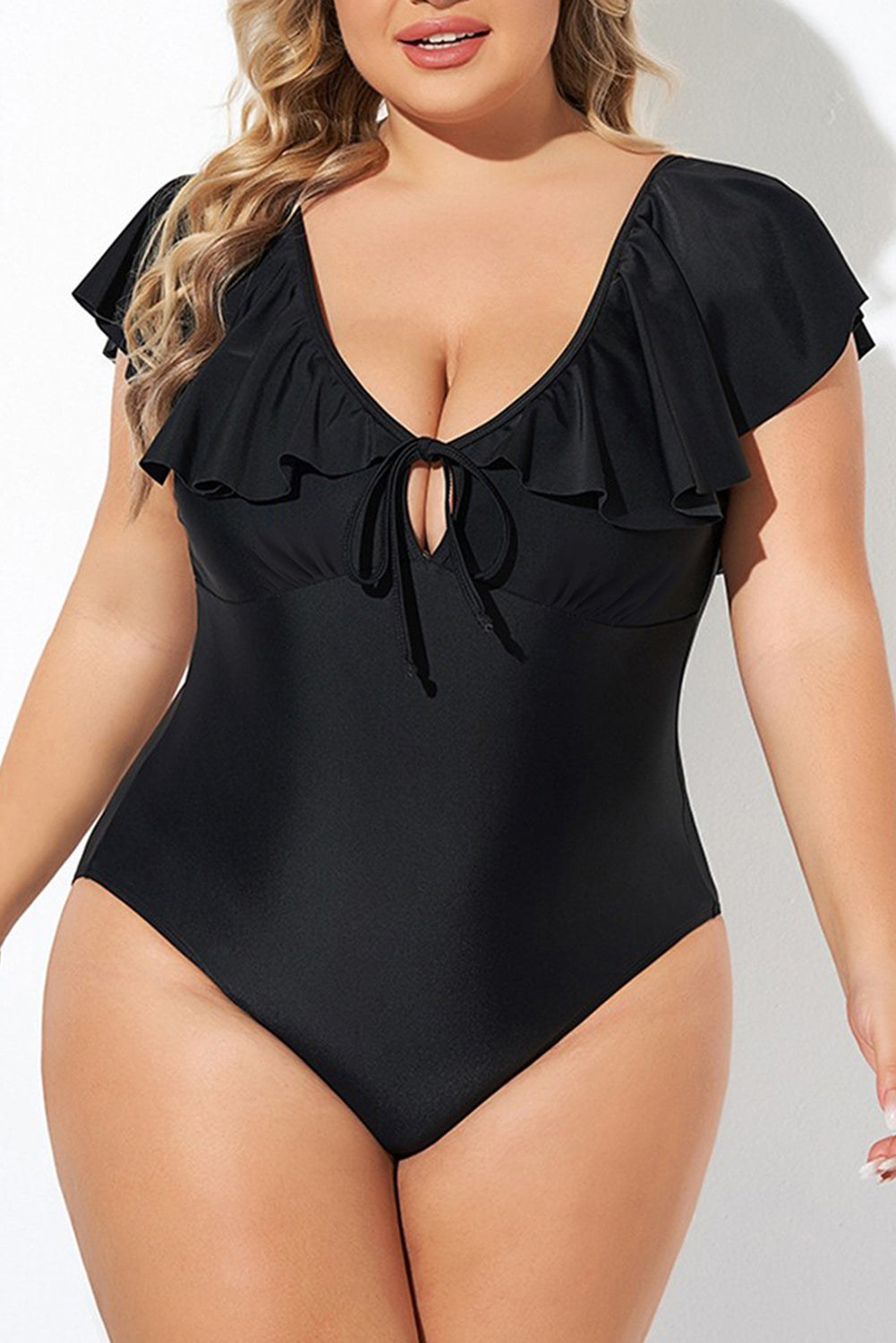 Black Ruffled Sleeve Plus Size One Piece Swimsuit. PSCollection