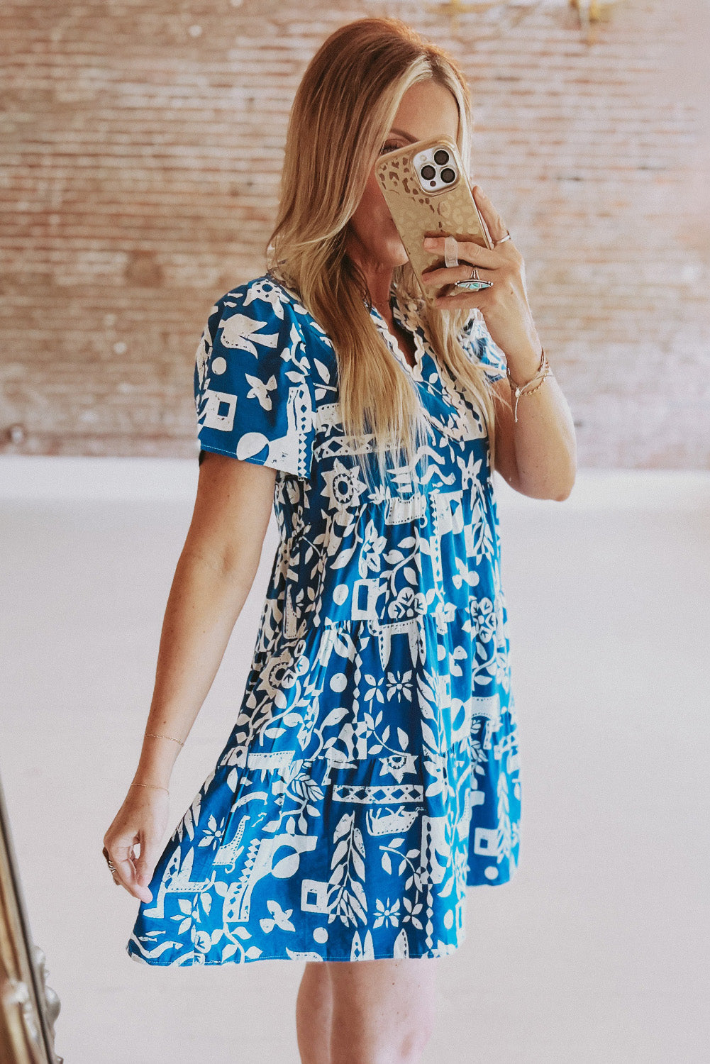 Blue Ricrac Trim Split Neck Floral Loose Dress. GCollection