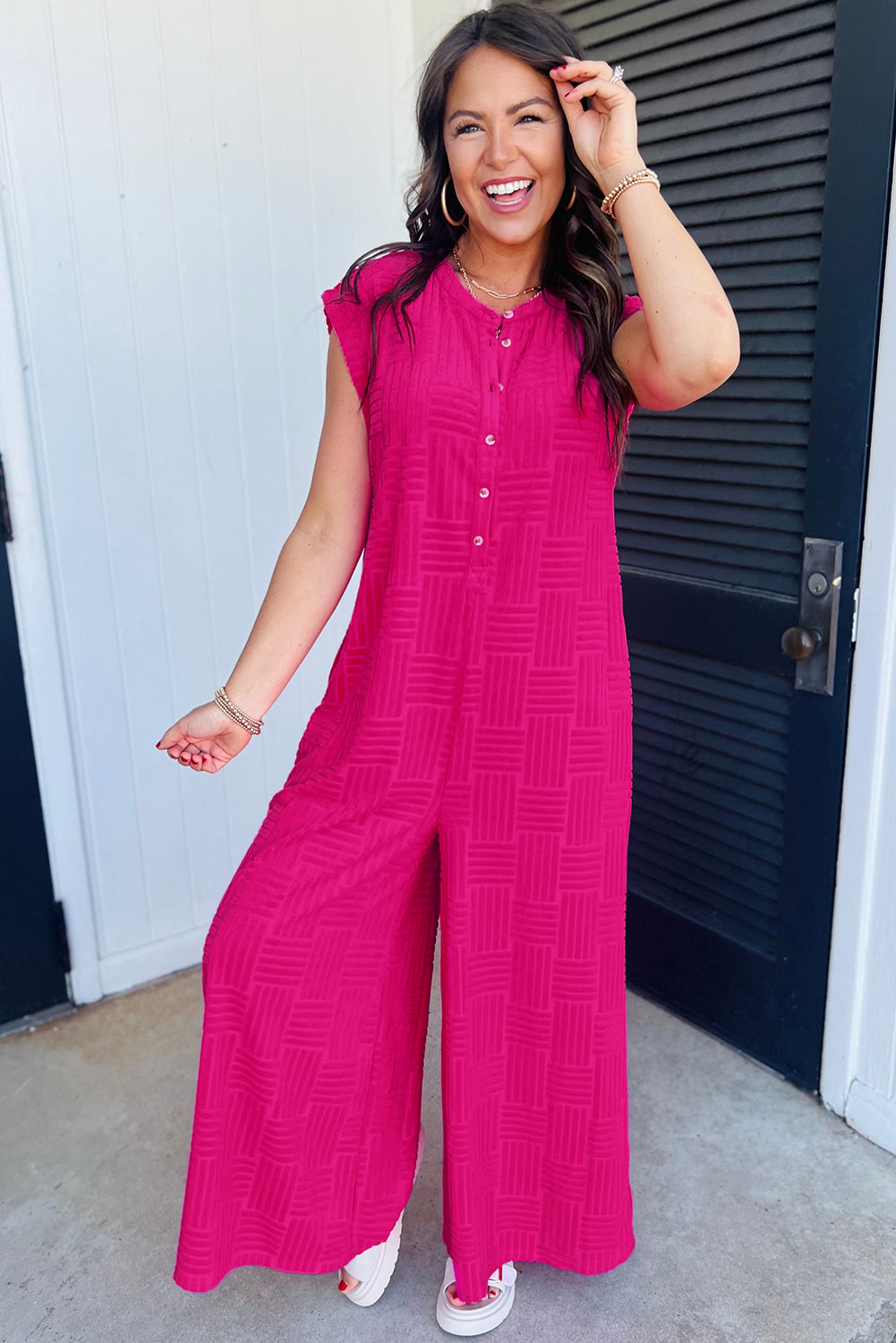 Bright Pink Terry Textured Jumpsuit. GCollection