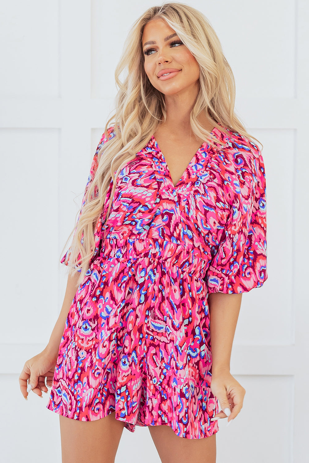 Pink Abstract Print Puff Sleeve Waist Romper. GCollection