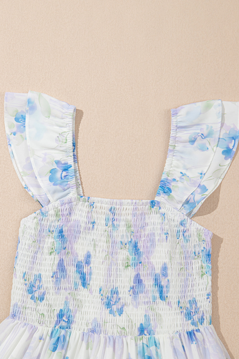 Sky Blue Floral Smocked High Waist Long Dress. GCollection