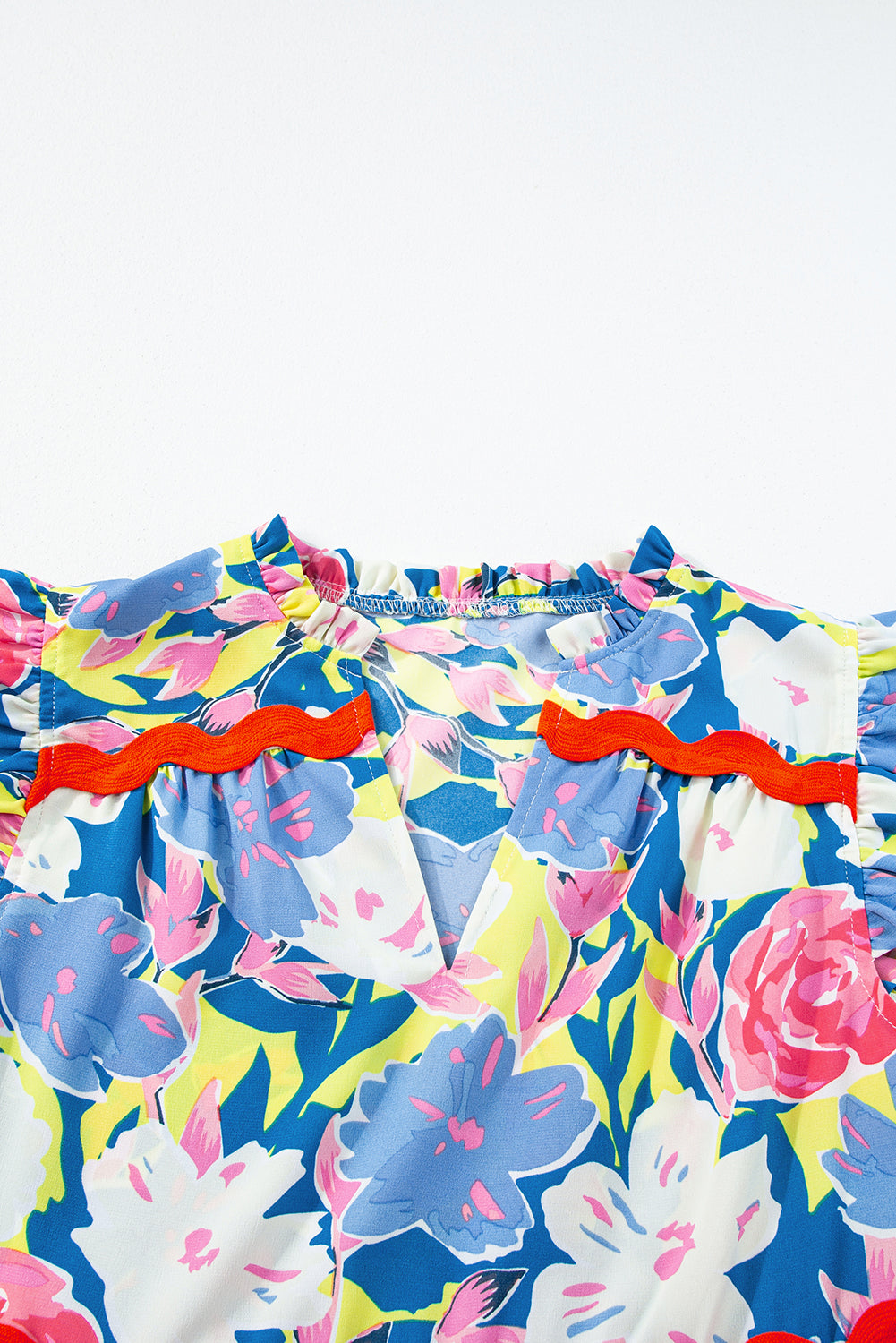Sky Blue Floral Printed V Notched Ric Rac Flutter Sleeve Dress. GCollection