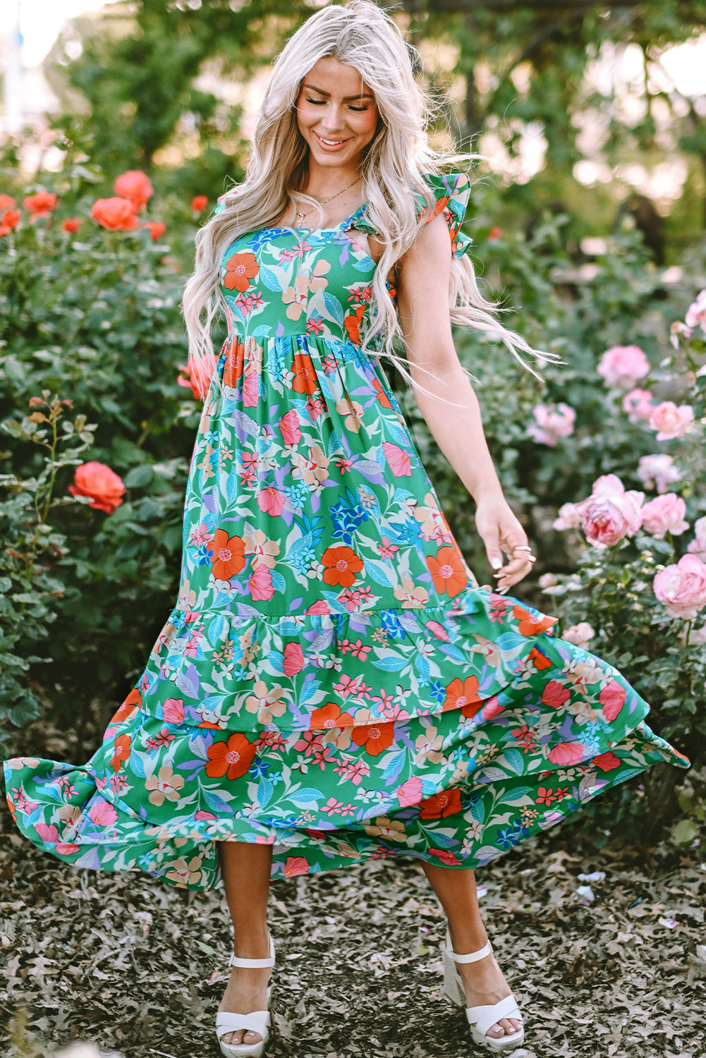 Green Floral Print Sleeveless Ruffle Tiered Maxi Dress. GCollection