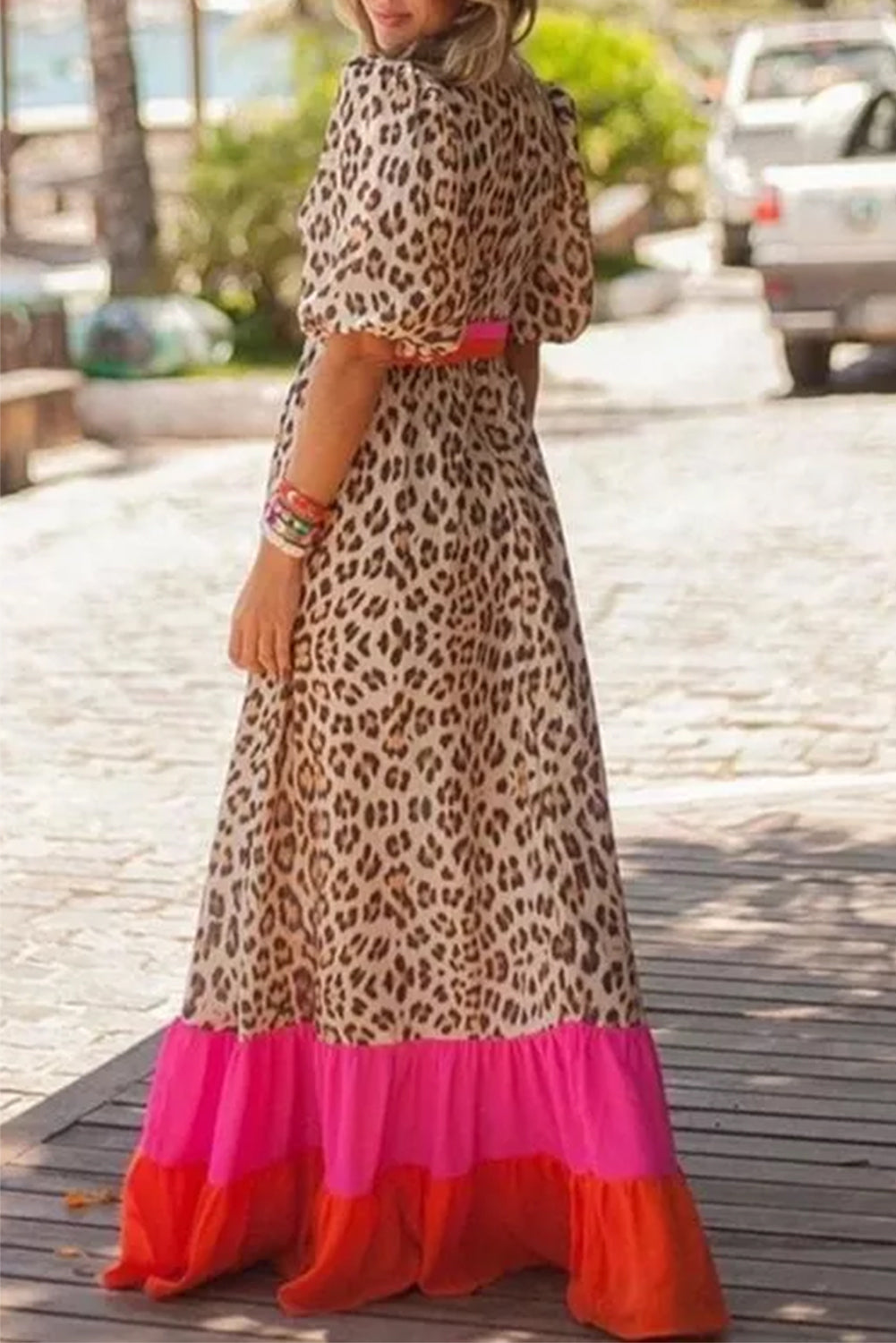 Bright Pink Leopard Colorblock Patchwork Bubble Sleeve Maxi Dress. GCollection