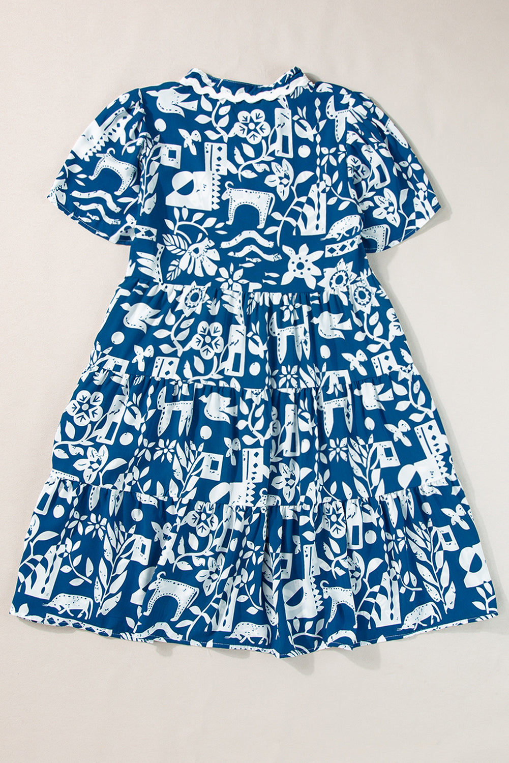 Blue Ricrac Trim Split Neck Floral Loose Dress. GCollection