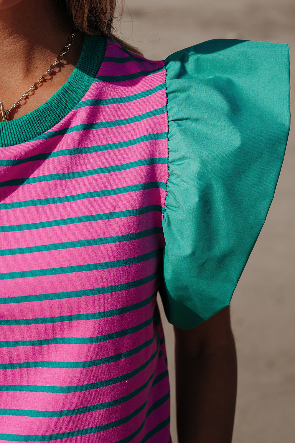 Pink Stripe Colorblock Ruffled Sleeve Crew Neck Blouse. GCollection