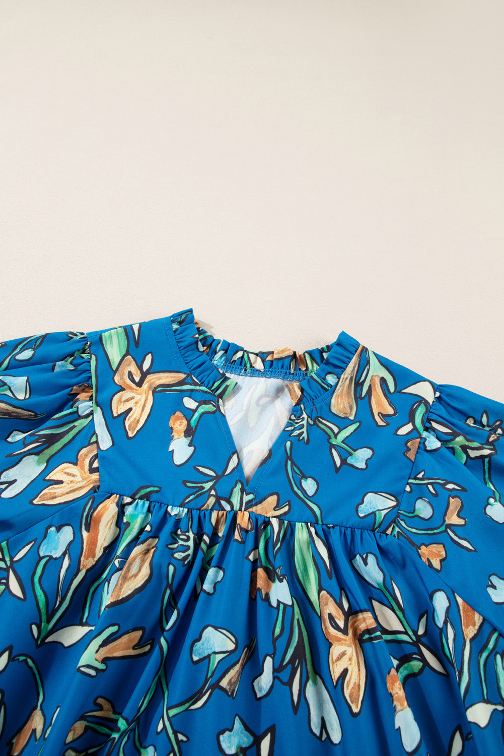 Blue Floral Notched V Neck Half Sleeve Plus Size Blouse. PSCollection