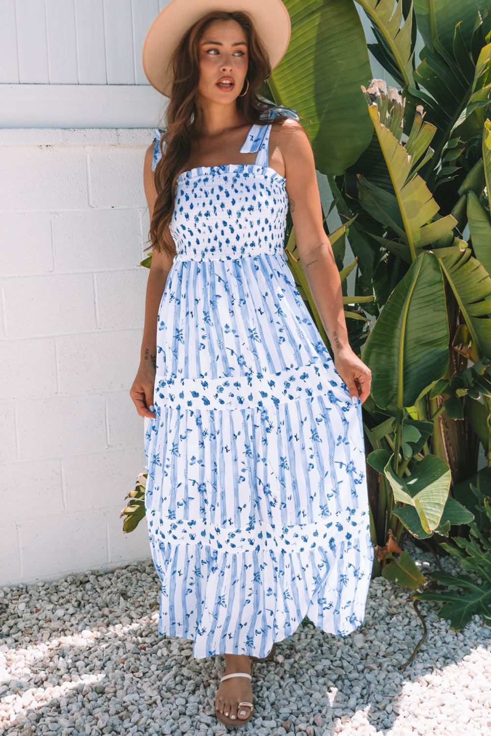 Sky Blue Floral Smocked Tied Straps A-Lined Maxi Dress. GCollection