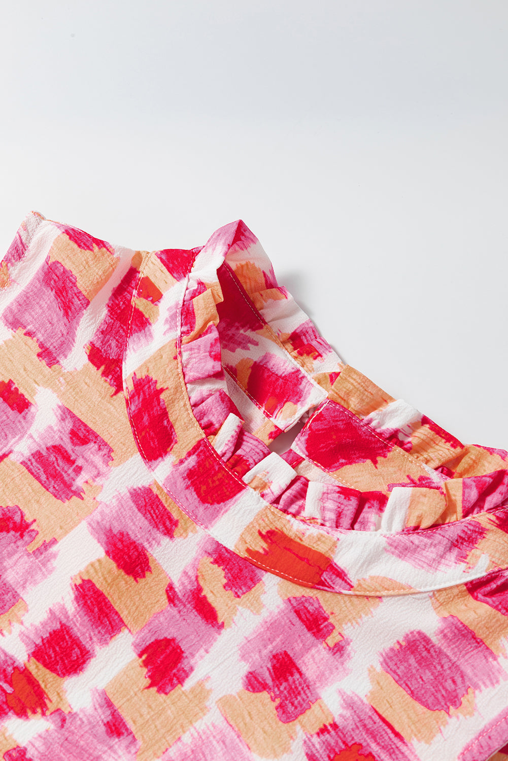 Pink Abstract Print Frilly Neck Sleeveless Mini Dress. GCollection