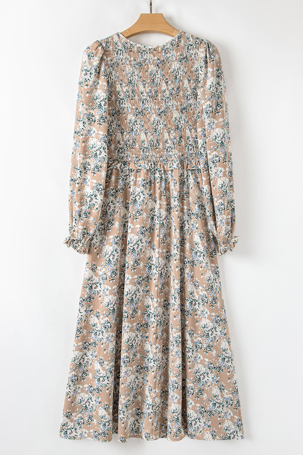 Khaki Maple Grove Floral Smocked Puff Sleeve Long Dress. GCollection