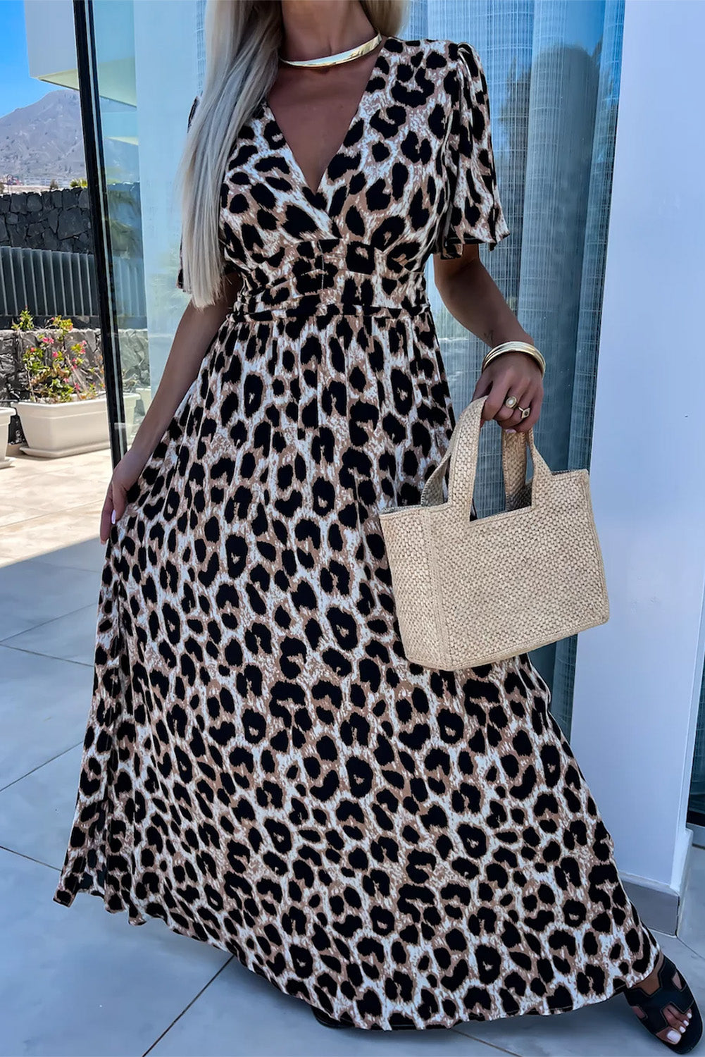 Leopard V Neck Cinched High Waist Open Back Maxi Dress. GCollection