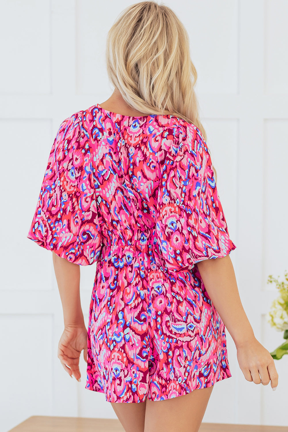 Pink Abstract Print Puff Sleeve Waist Romper. GCollection
