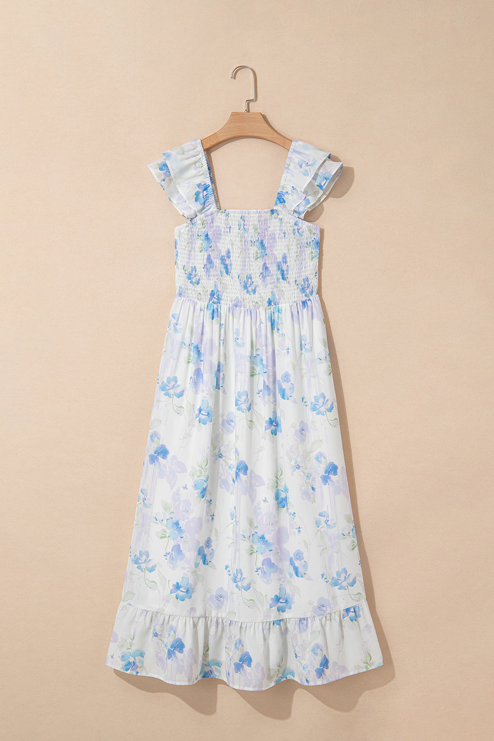 Sky Blue Floral Smocked High Waist Long Dress. GCollection