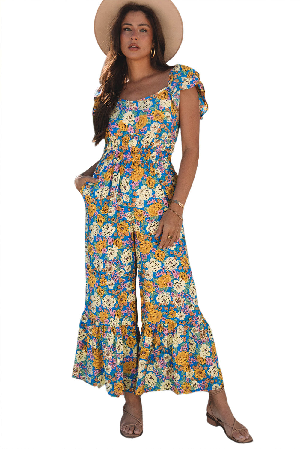 Yellow Floral High Waist Jumpsuit. GCollection