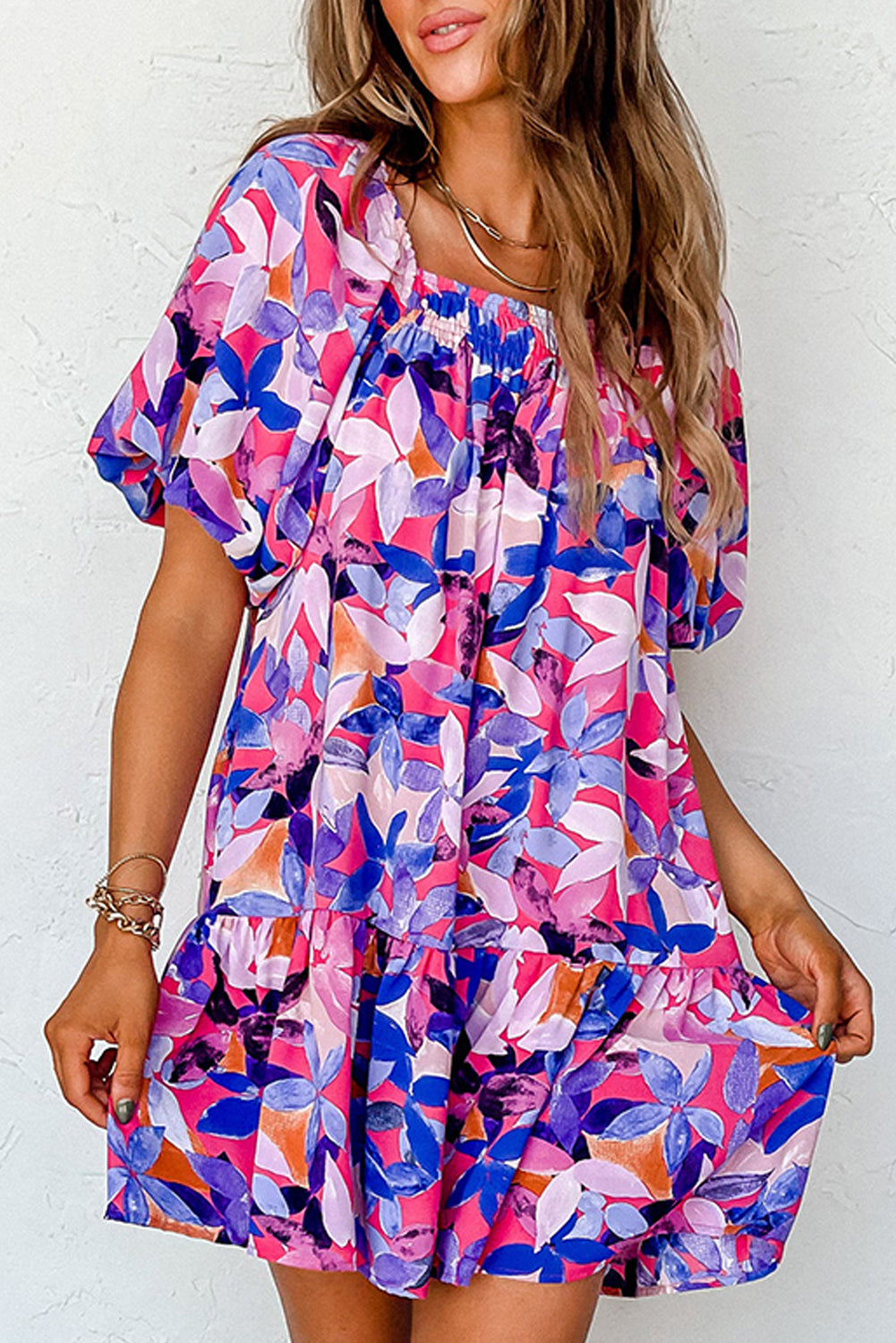 Purple Flower Print Short Puff Sleeve Ruffled Dress. GCollection