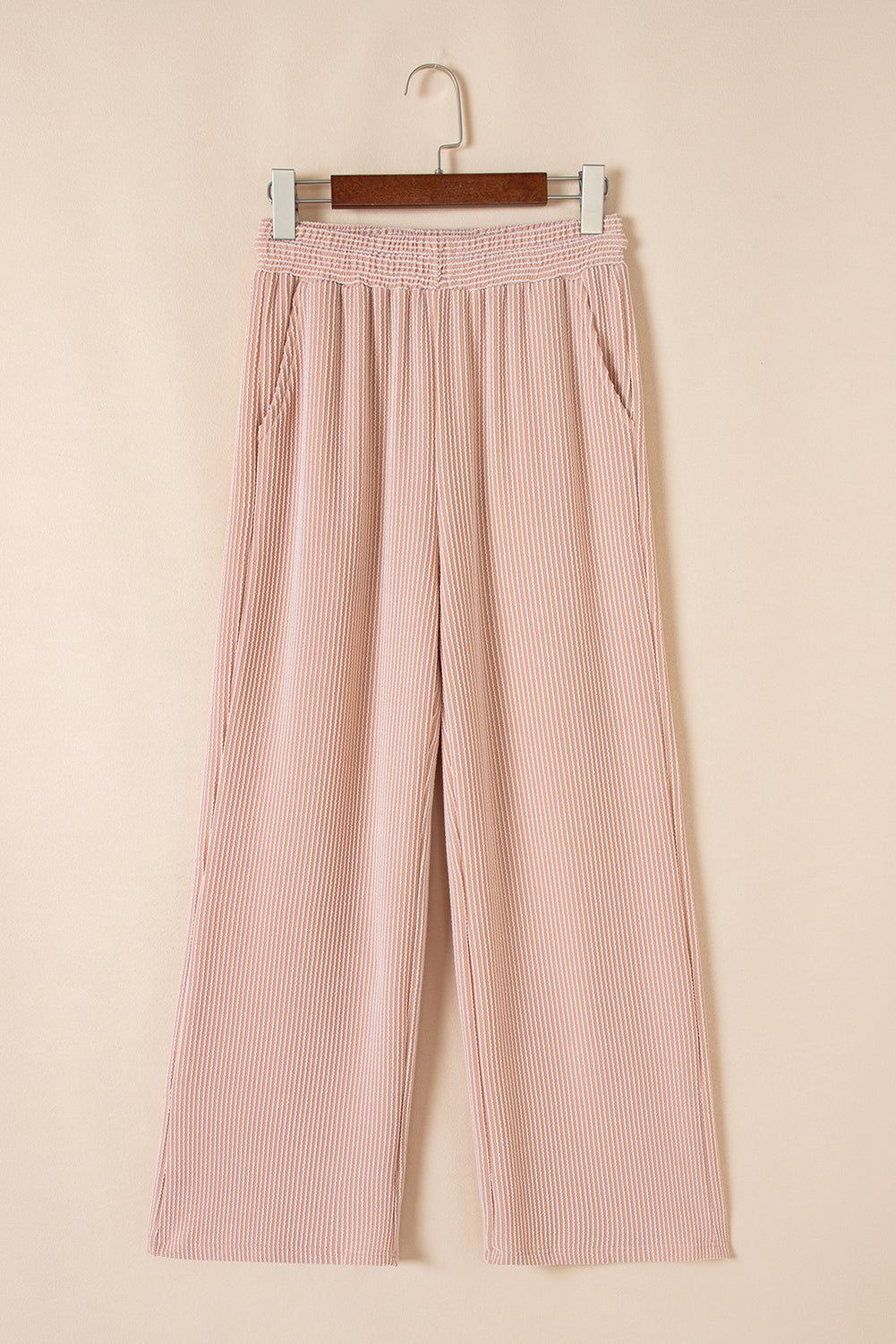Smoke Gray Solid Corded Knit Short Sleeve T Shirt and Wide Leg Pants Set. GCollection
