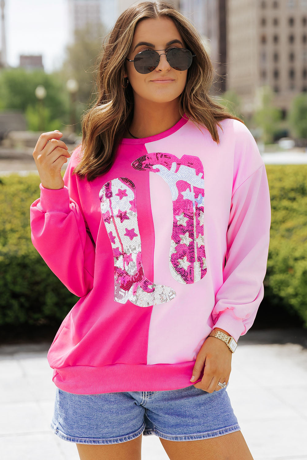 Pink Color Block Sequined Cowgirl Boots Graphic Sweatshirt. GCollection