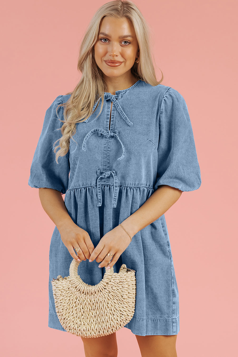 Blue Bowknot Bubble Sleeve Short Denim Dress. GCollection