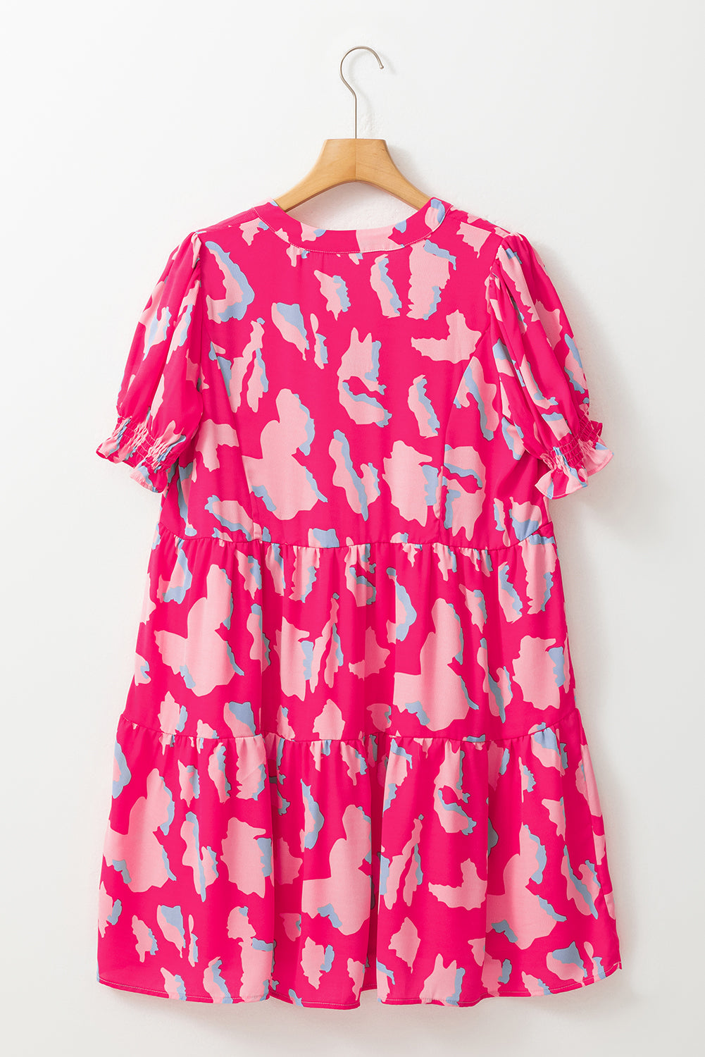Pink Abstract Printed Puff Short Sleeve Tiered Loose Dress. GCollection