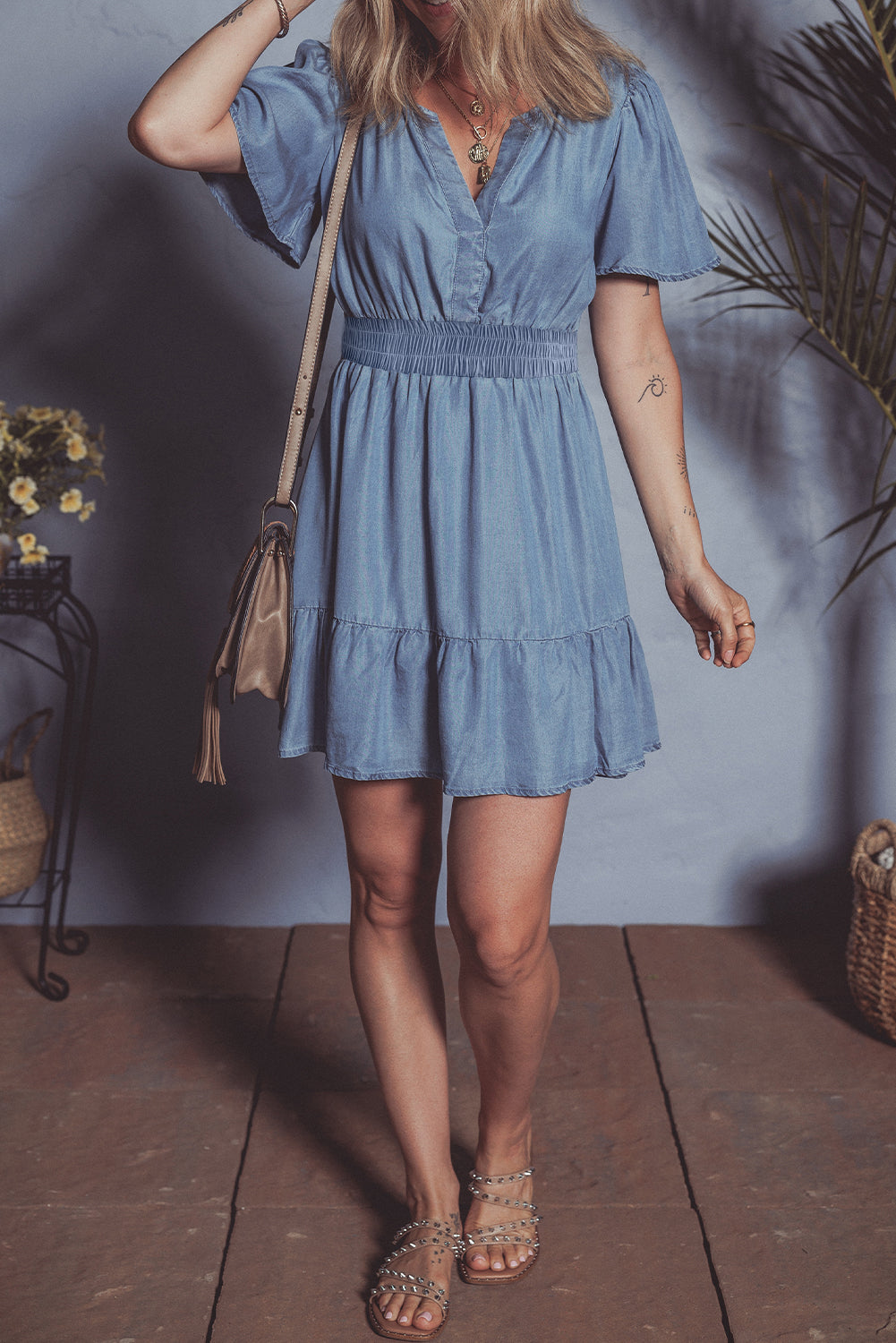 Blue Ruffled V Neck Smocked High Waist Denim Mini Dress. GCollection