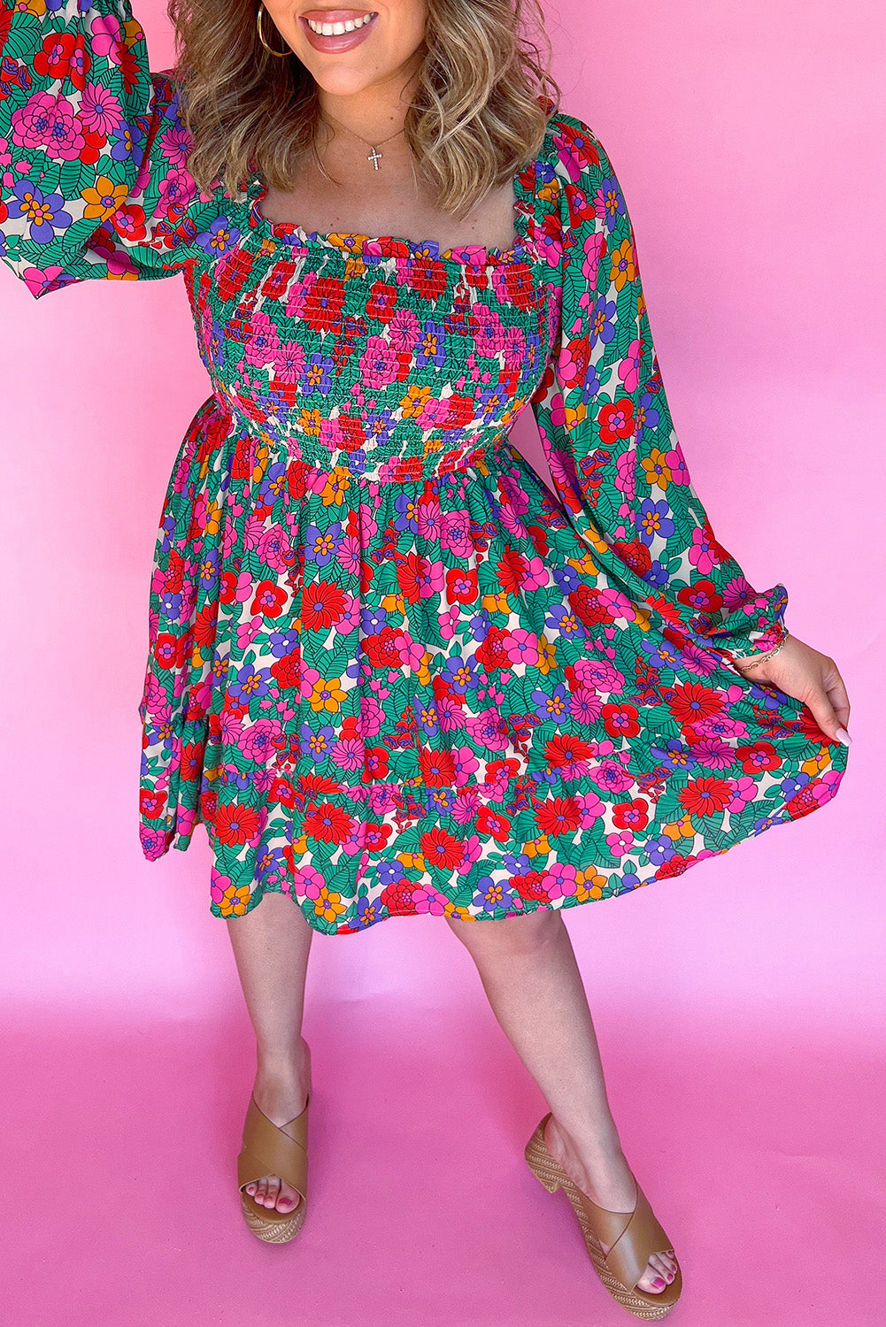 Floral Frilled Square Neck Shirred Long Sleeve Dress. PSCollection