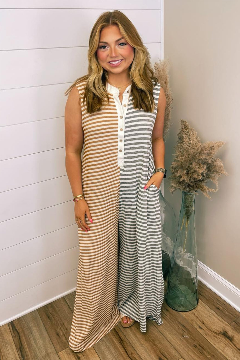 Gray Stripe Plus Size Color Block Wide Leg Jumpsuit. PSCollection