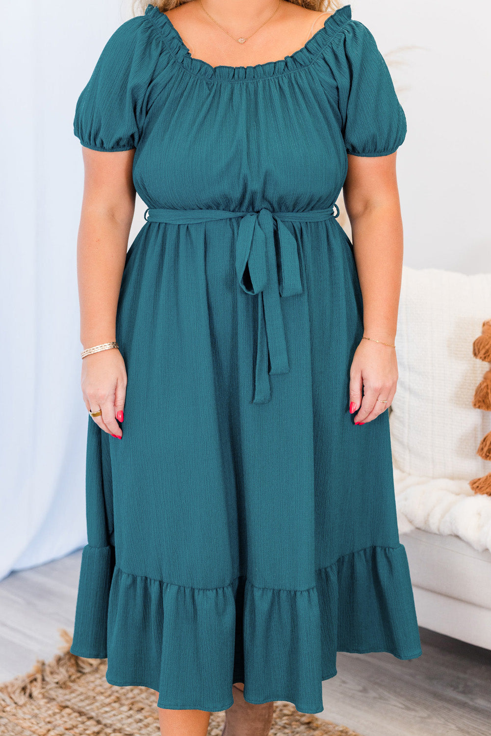 U Neck Puff Sleeve Belted Ruffle Hem Plus Size Midi Dress. PSCollection