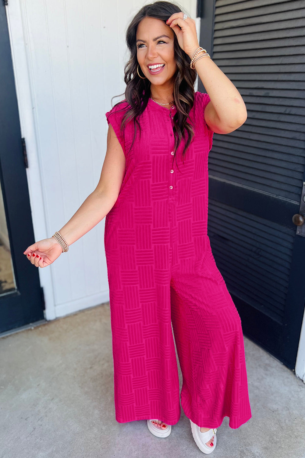 Bright Pink Terry Textured Jumpsuit. GCollection