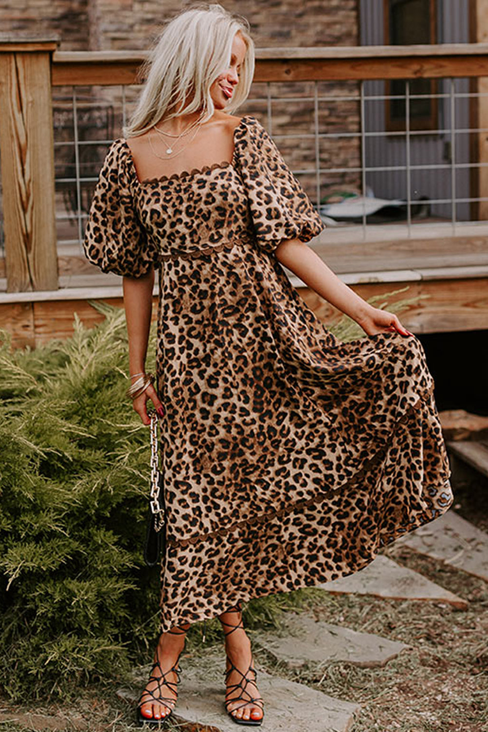 Brown Leopard Print Bubble Sleeve Maxi Dress. GCollection