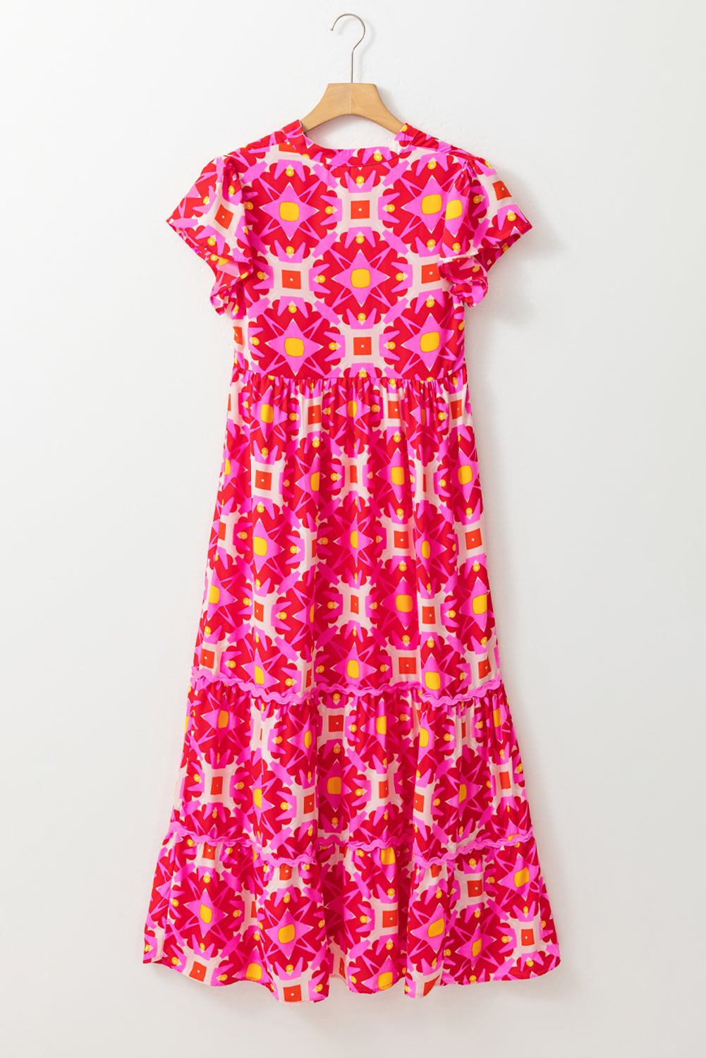 Strawberry Pink Geo Print V-neck Maxi Dress. GCollection