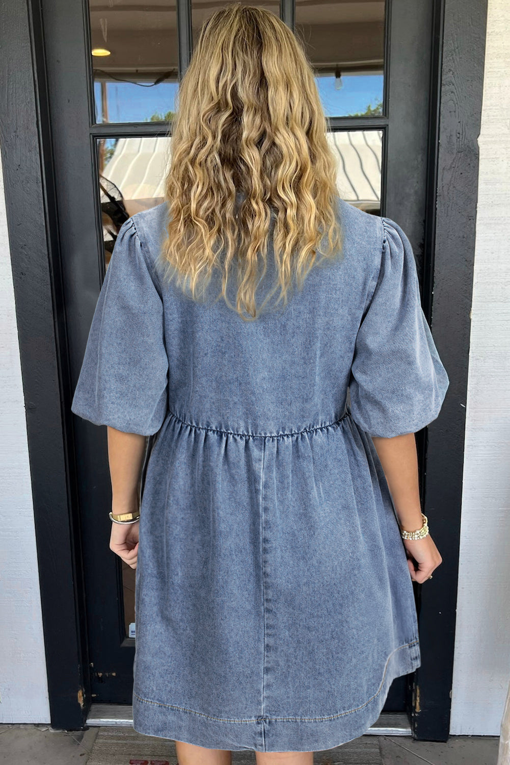 Blue Bowknot Bubble Sleeve Short Denim Dress. GCollection