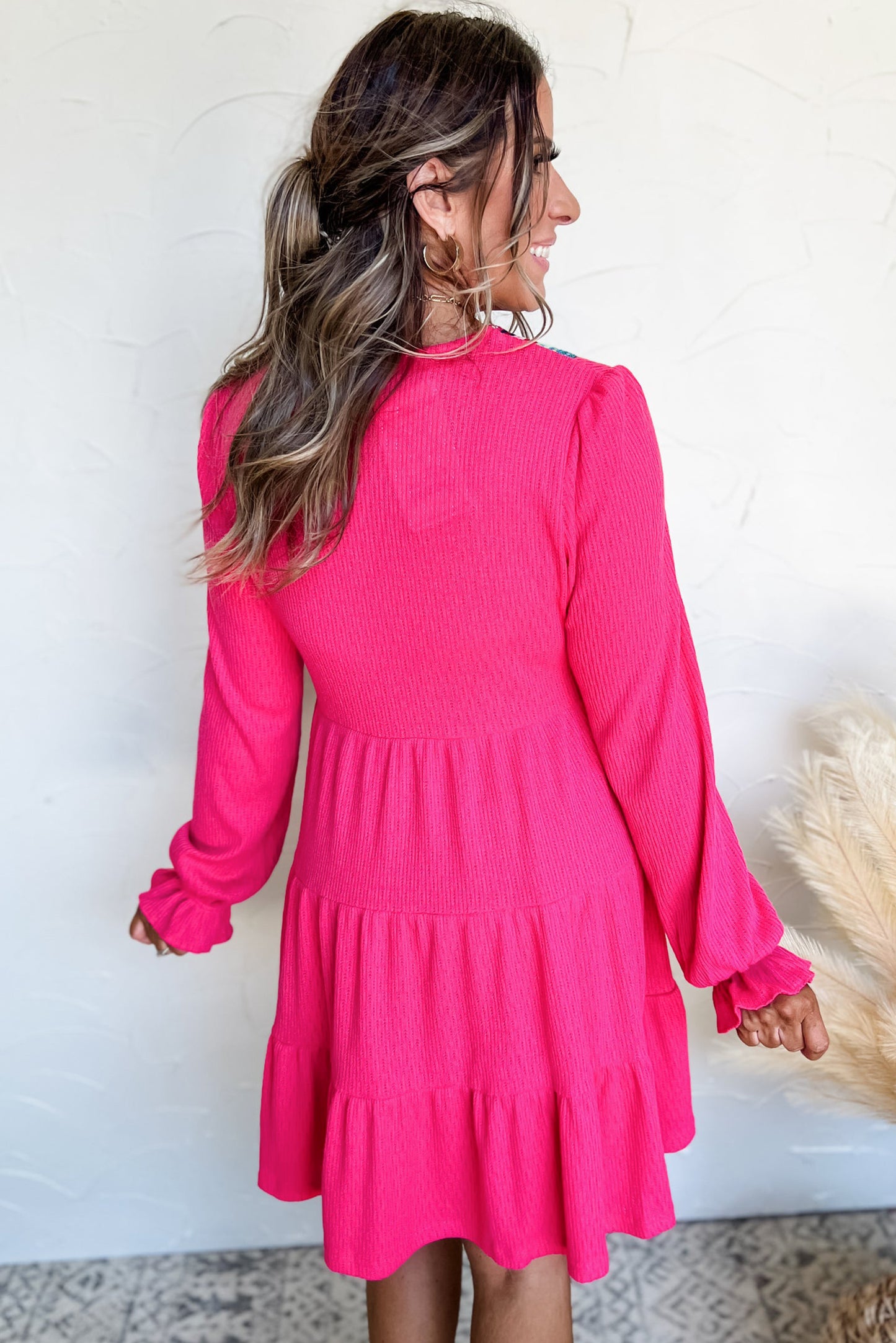 Rose Red Colorful Crochet V Neck Mini Dress. GCollection