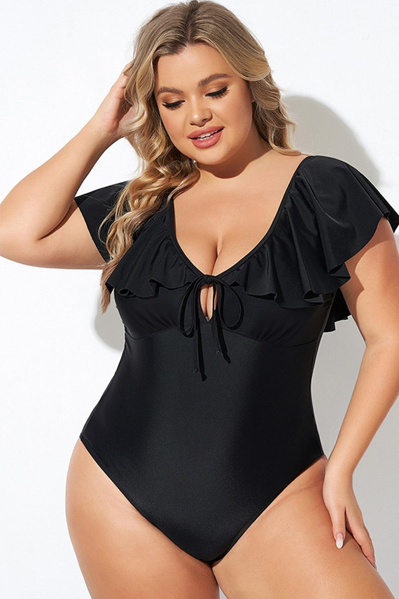 Black Ruffled Sleeve Plus Size One Piece Swimsuit. PSCollection