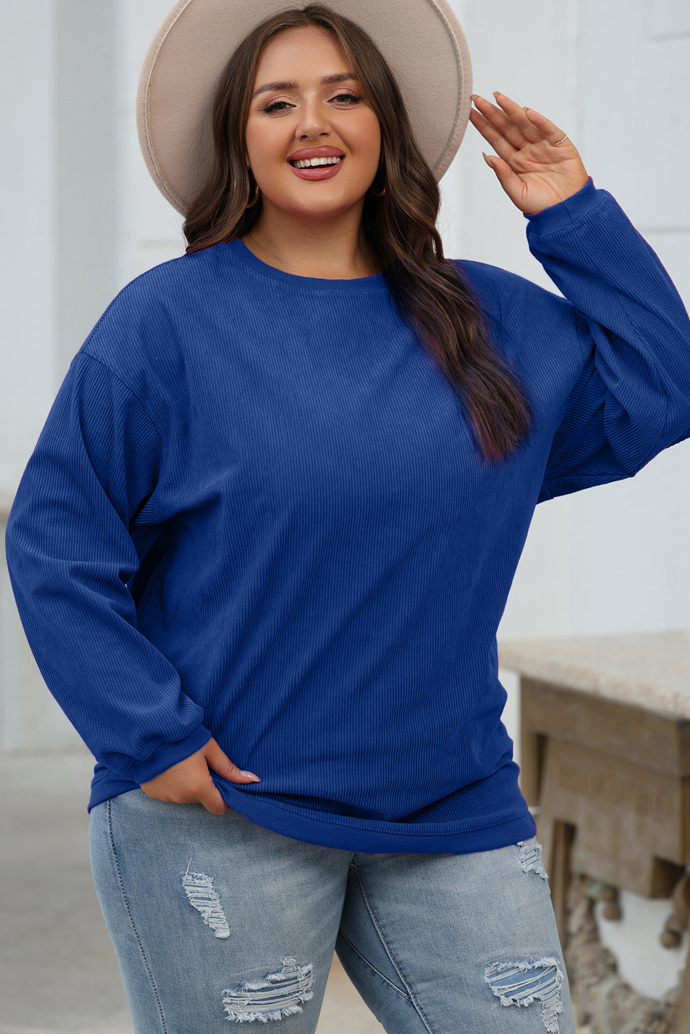 Dark Blue Ribbed Corduroy Oversized Sweatshirt. GCollection. PSCollection
