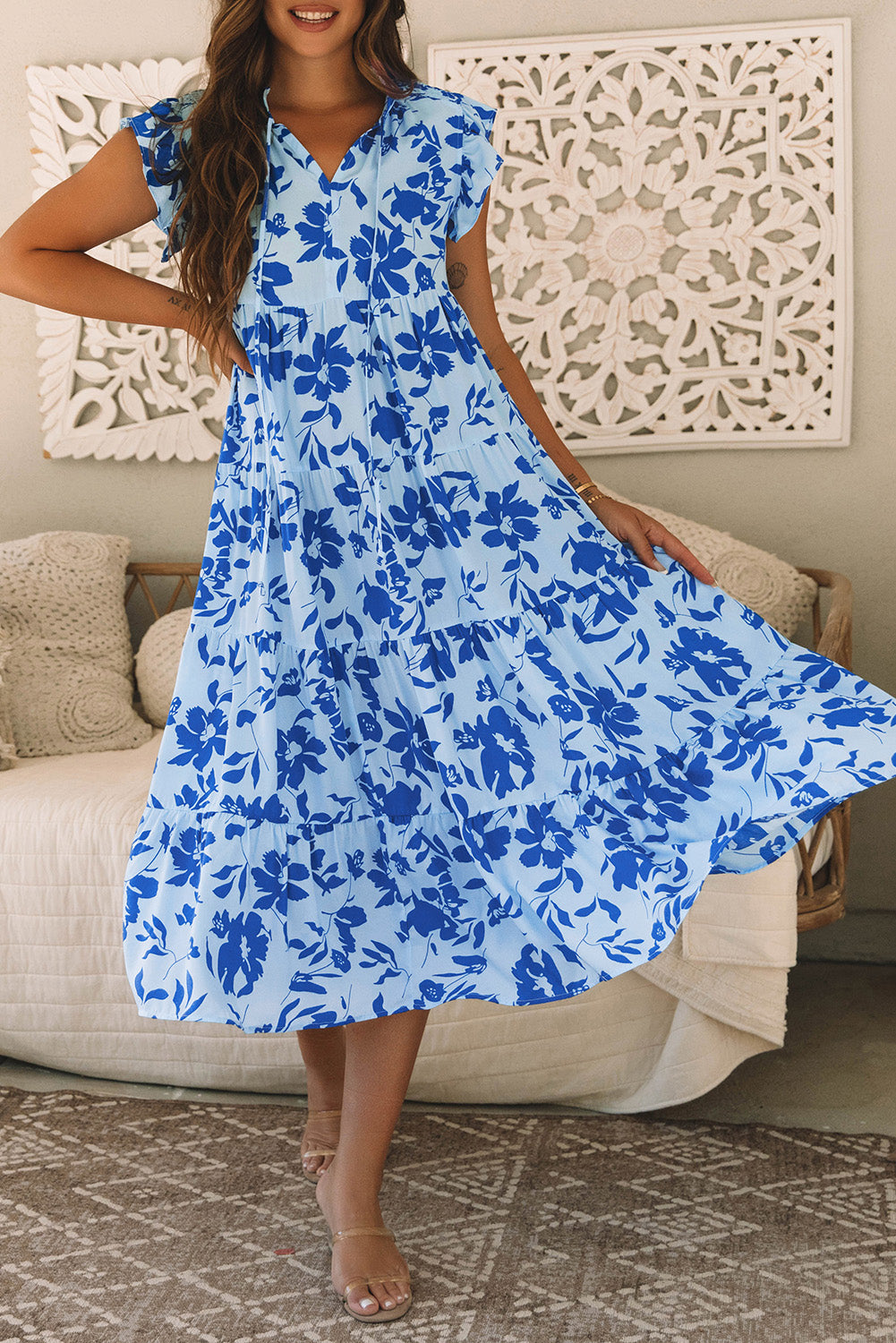 Sky Blue Floral Print Tiered Maxi Dress. GCollection