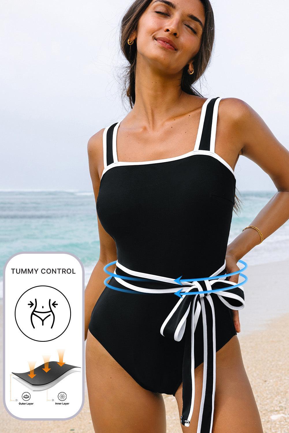 Black Colorblock Edge Belted One Piece.Swimsuit
