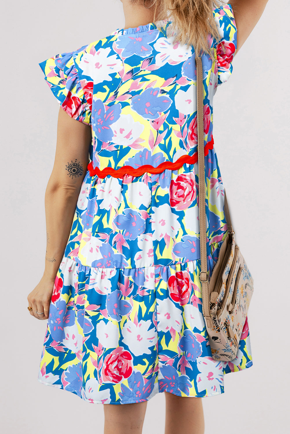 Sky Blue Floral Printed V Notched Ric Rac Flutter Sleeve Dress. GCollection