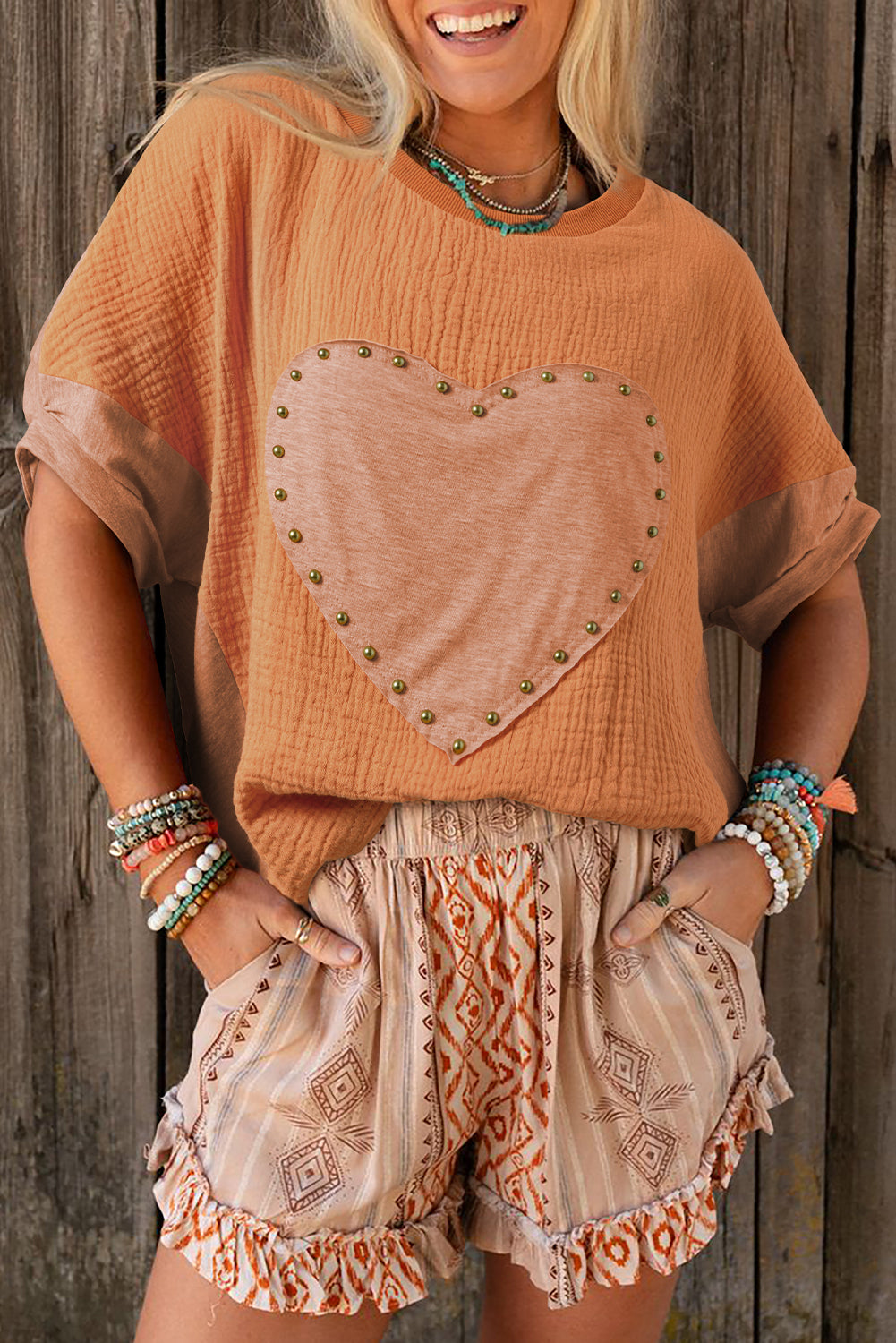 Desert Gold Stud Heart Patch Textured Top. GCollection