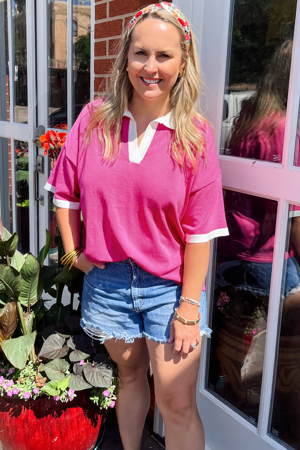 Pink Contrast Short Sleeve Plus Size Top. PSCollection